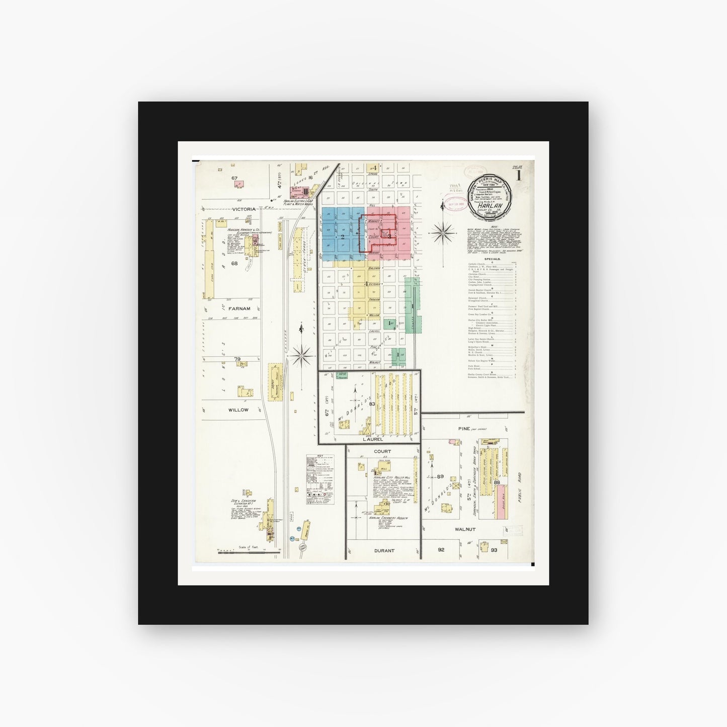 Old map wall art mockup — black gallery frame with white mat — Sanborn Fire Insurance Map from Harlan, Shelby County, Iowa (1899) â€” Complete Set