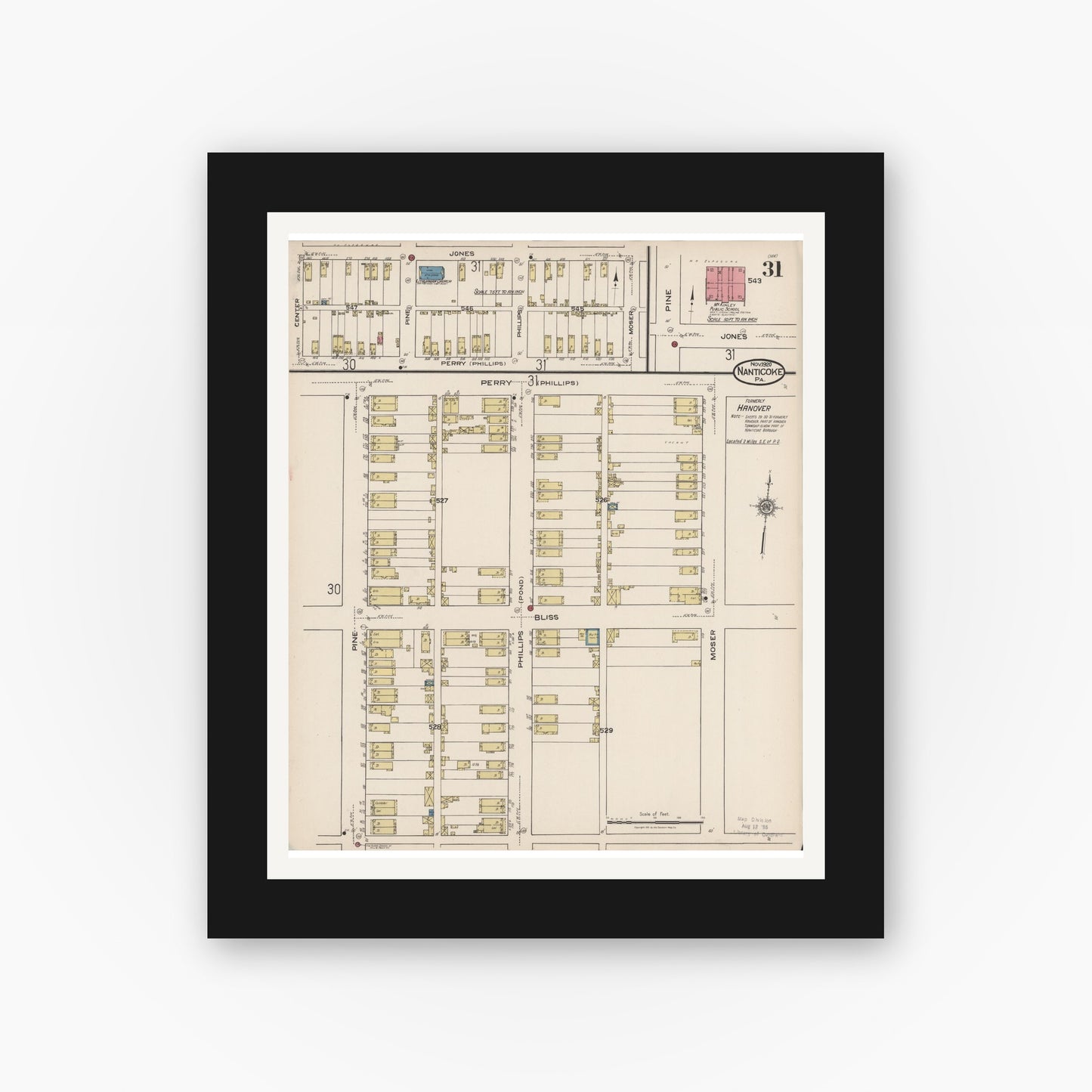 Old map wall art mockup — black gallery frame with white mat — Sanborn Fire Insurance Map from Nanticoke, Luzerne County, Pennsylvania (1920), Sheet #0031
