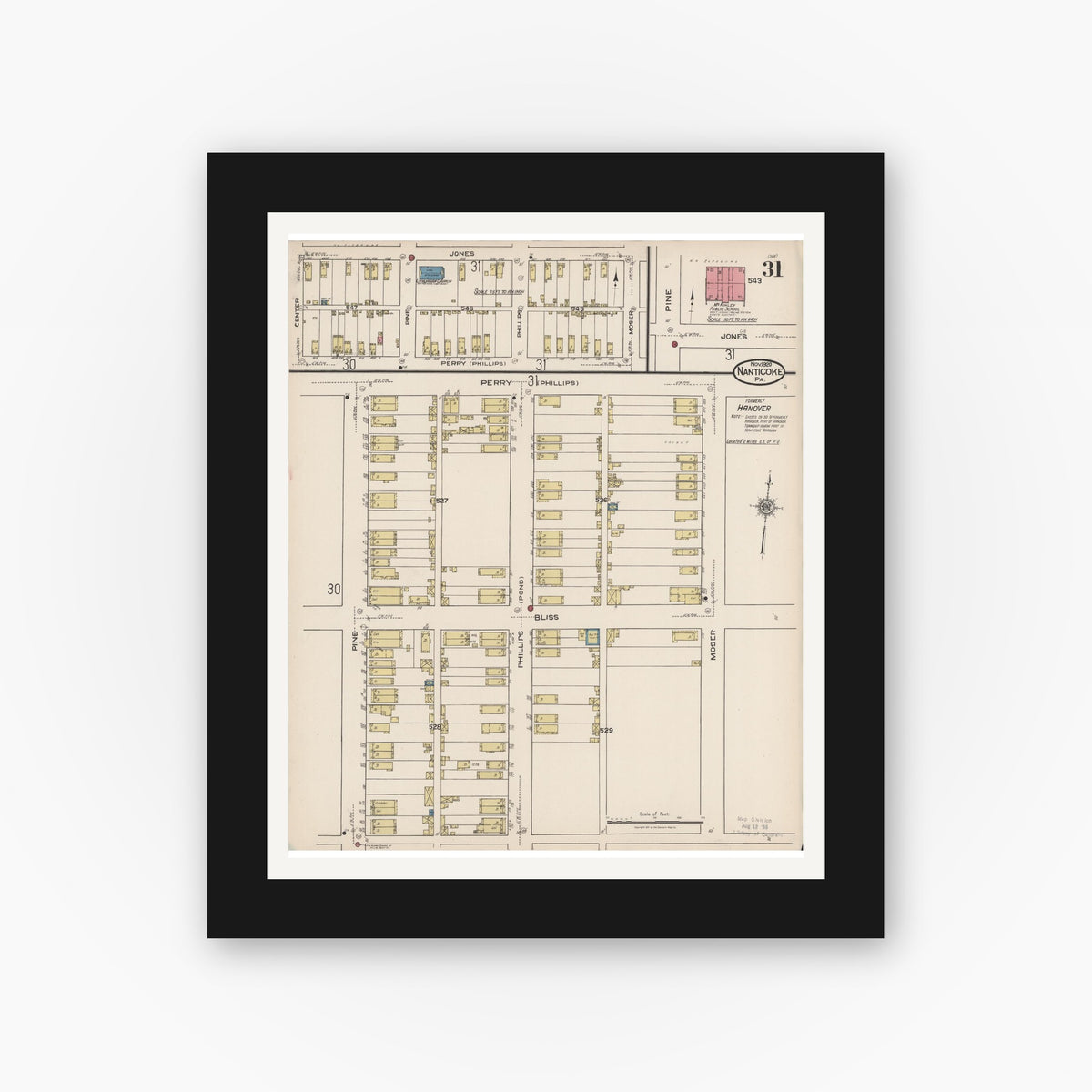 Old map wall art mockup — black gallery frame with white mat — Sanborn Fire Insurance Map from Nanticoke, Luzerne County, Pennsylvania (1920), Sheet #0031