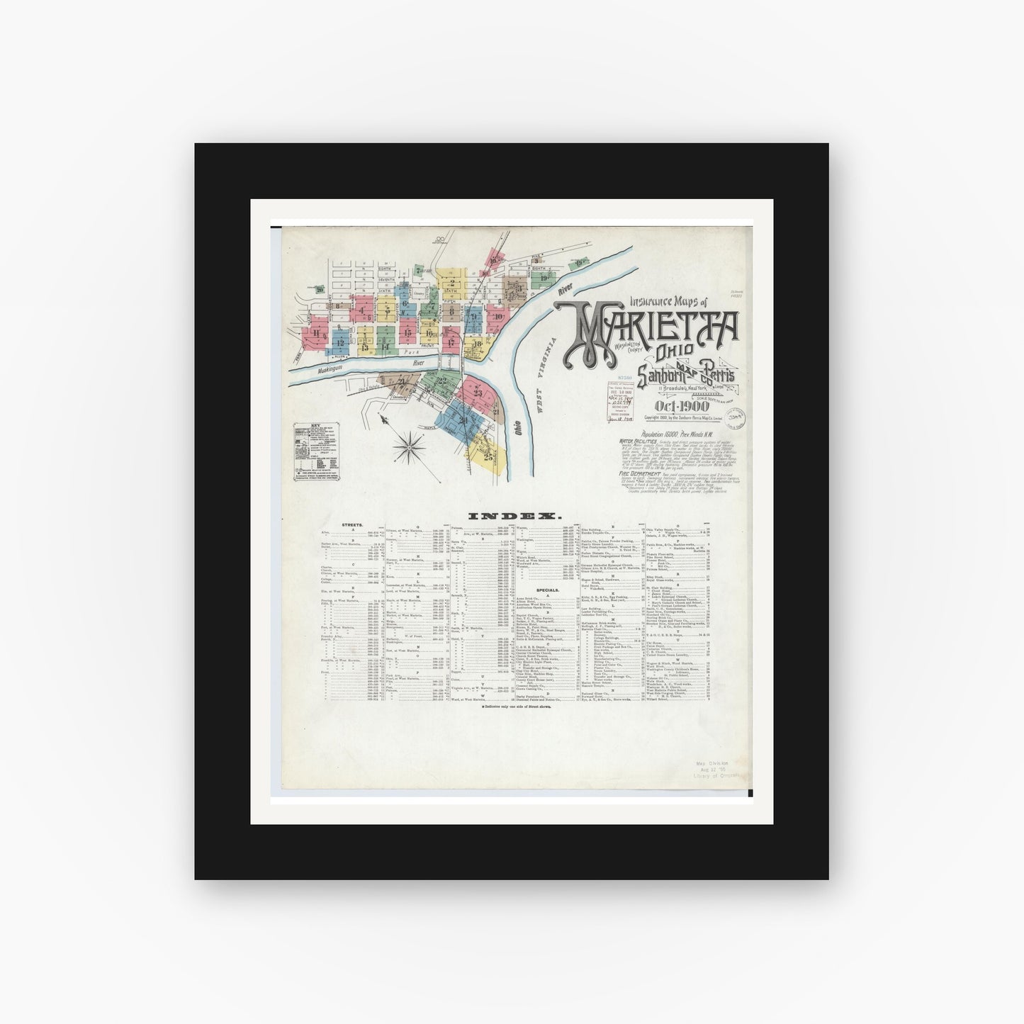 Old map wall art mockup — black gallery frame with white mat — Sanborn Fire Insurance Map from Marietta, Washington County, Ohio (1900), Sheet #0001