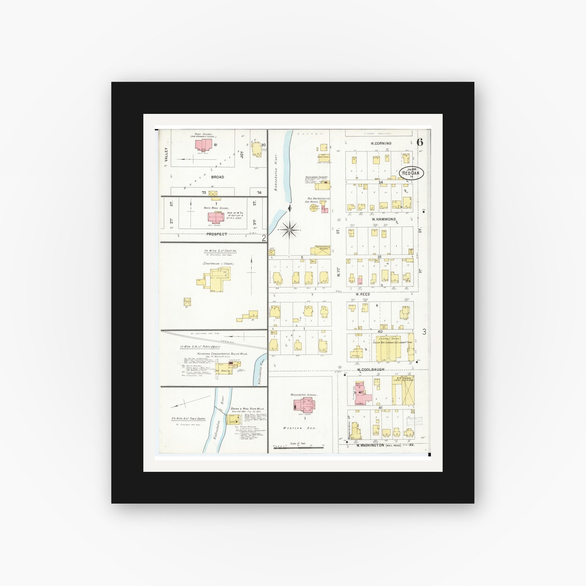 Old map wall art mockup — black gallery frame with white mat — Sanborn Fire Insurance Map from Red Oak, Montgomery County, Iowa (1899), Sheet #0006