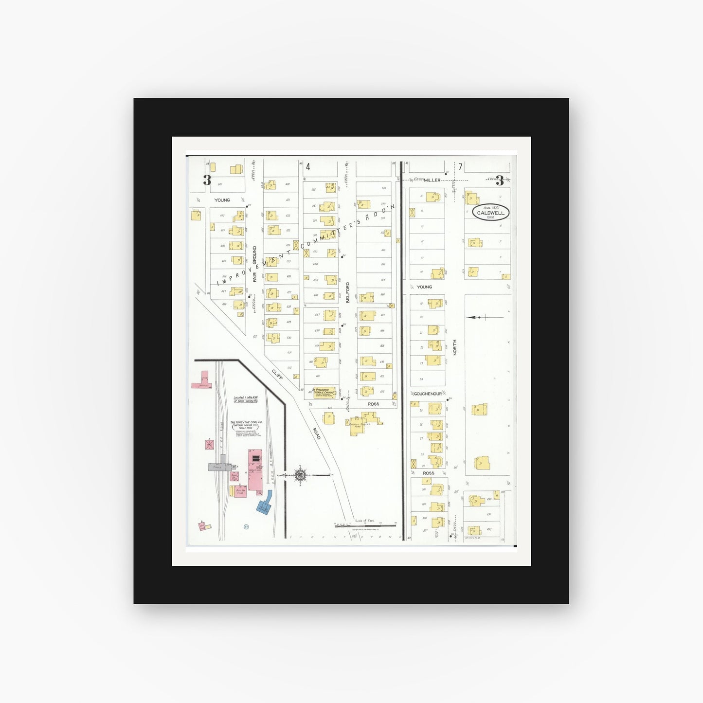 Old map wall art mockup — black gallery frame with white mat — Sanborn Fire Insurance Map from Caldwell, Noble County, Ohio (1923), Sheet #0003
