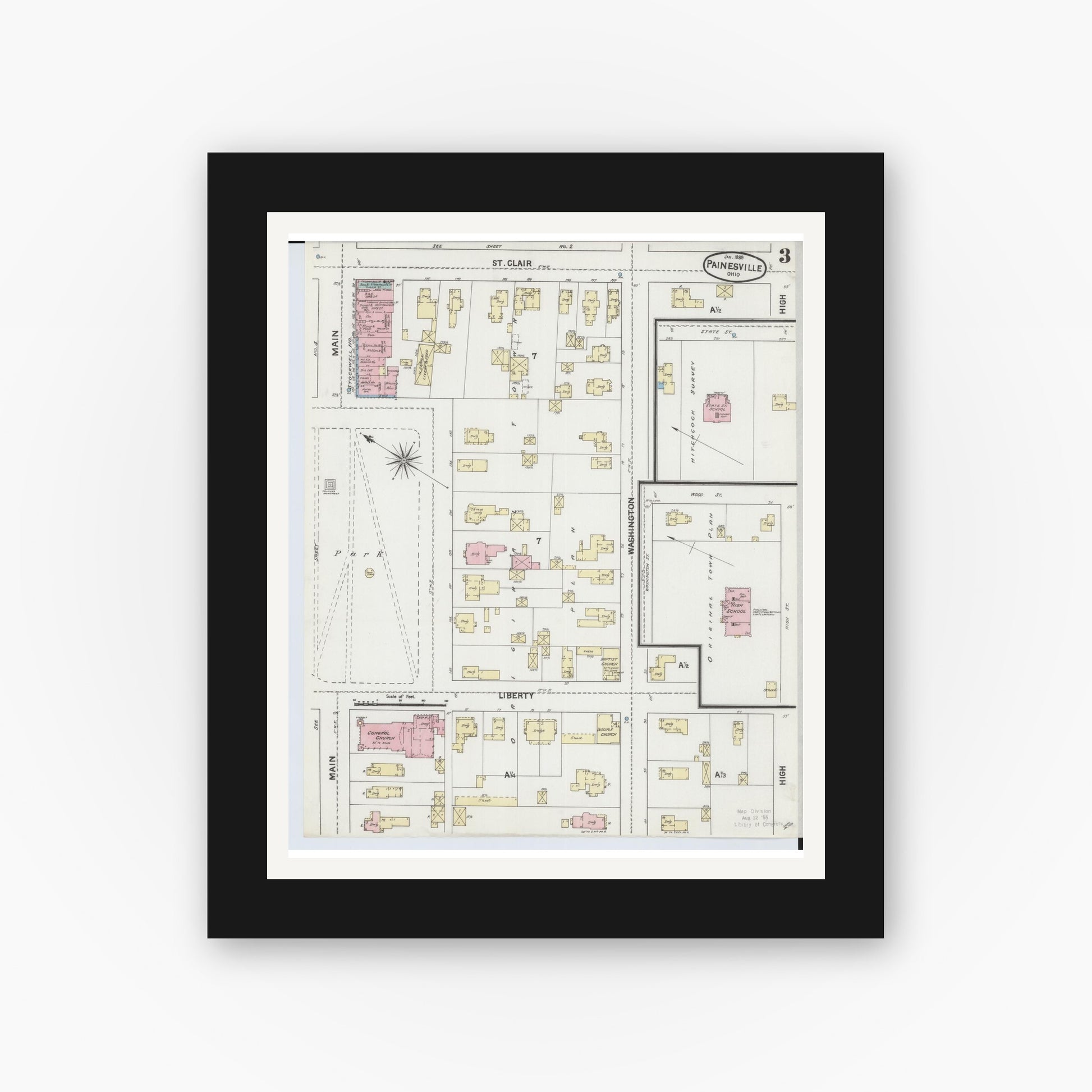 Old map wall art mockup — black gallery frame with white mat — Sanborn Fire Insurance Map from Painesville, Lake County, Ohio (1889), Sheet #0003