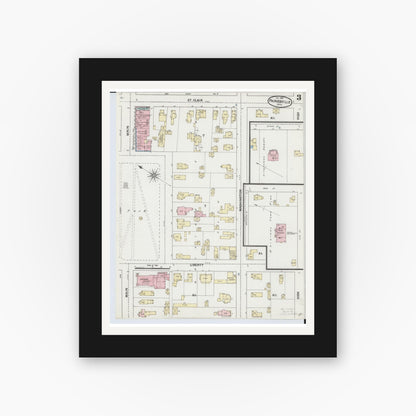 Old map wall art mockup — black gallery frame with white mat — Sanborn Fire Insurance Map from Painesville, Lake County, Ohio (1889), Sheet #0003