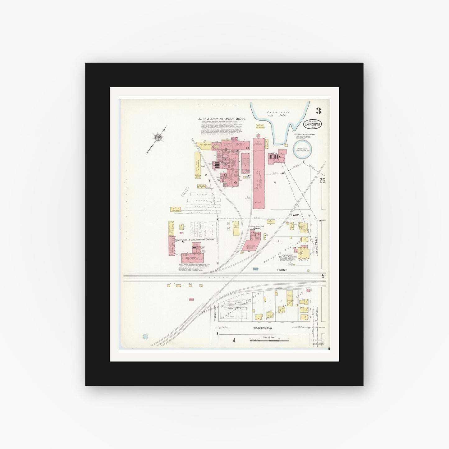 Old map wall art mockup — black gallery frame with white mat — Sanborn Fire Insurance Map from La Porte, La Porte County, Indiana (1912), Sheet #0003