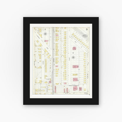 Old map wall art mockup — black gallery frame with white mat — Sanborn Fire Insurance Map from Whiting, Lake County, Indiana (1907), Sheet #0003
