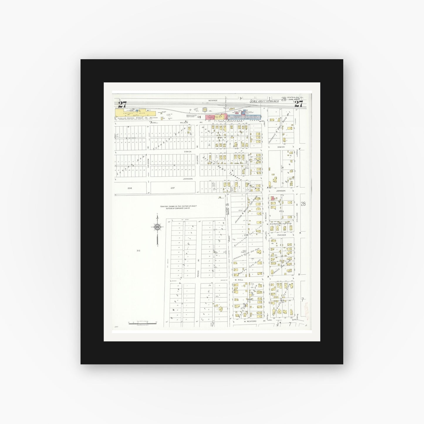 Old map wall art mockup — black gallery frame with white mat — Sanborn Fire Insurance Map from Centralia, Marion, Clinton, Jefferson, and Washington Counties, Illinois (1938), Sheet #0027