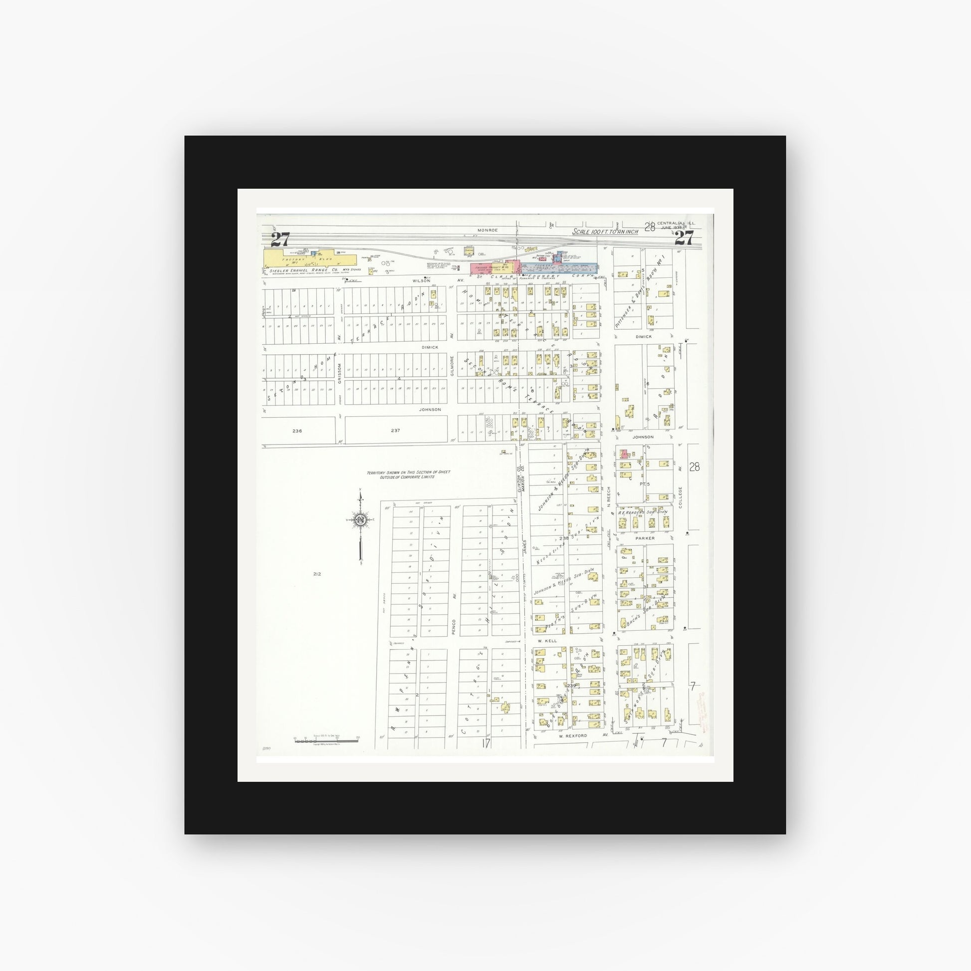 Old map wall art mockup — black gallery frame with white mat — Sanborn Fire Insurance Map from Centralia, Marion, Clinton, Jefferson, and Washington Counties, Illinois (1938), Sheet #0027