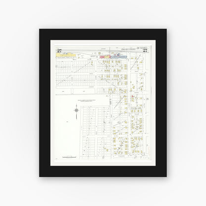 Old map wall art mockup — black gallery frame with white mat — Sanborn Fire Insurance Map from Centralia, Marion, Clinton, Jefferson, and Washington Counties, Illinois (1938), Sheet #0027