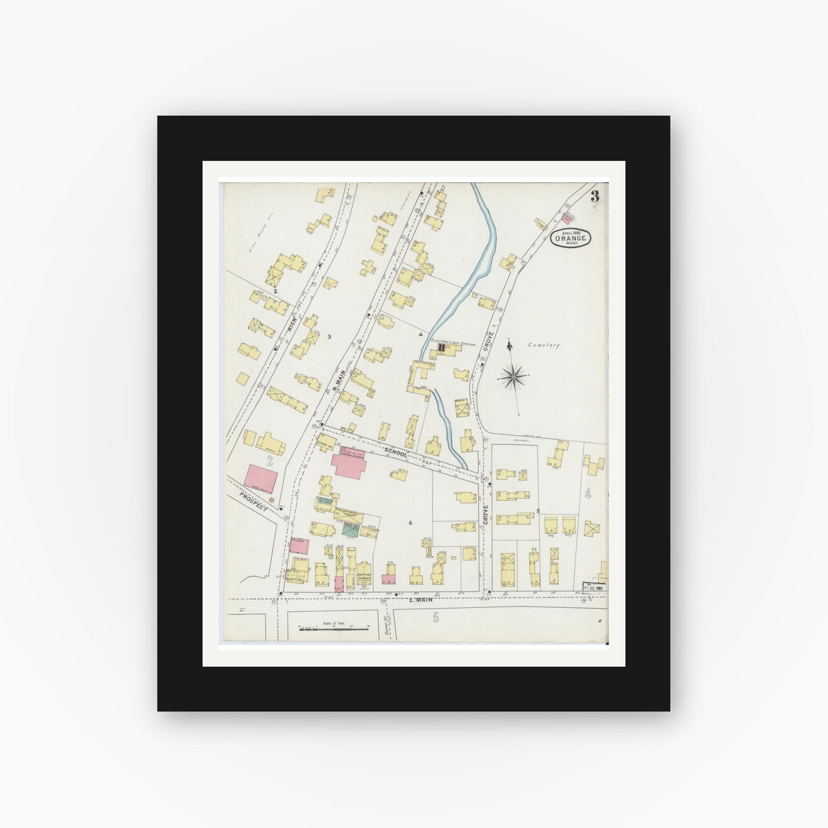 Old map wall art mockup — black gallery frame with white mat — Sanborn Fire Insurance Map from Orange, Franklin County, Massachusetts (1895), Sheet #0003