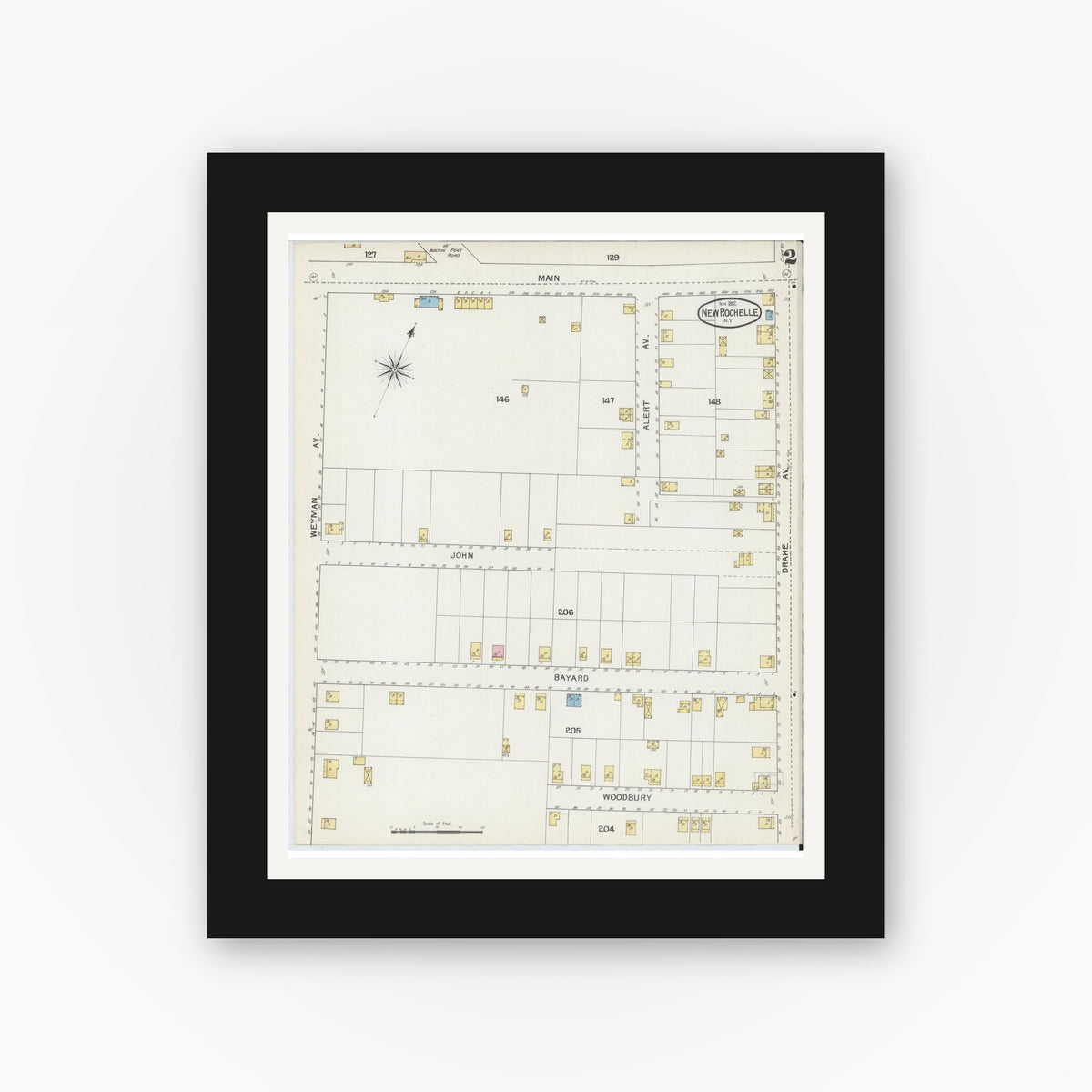 Old map wall art mockup — black gallery frame with white mat — Sanborn Fire Insurance Map from New Rochelle, Westchester County, New York (1892), Sheet #0002