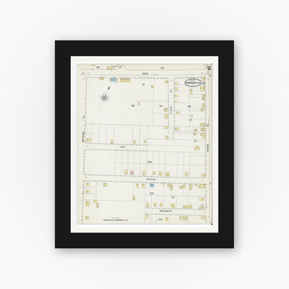 Old map wall art mockup — black gallery frame with white mat — Sanborn Fire Insurance Map from New Rochelle, Westchester County, New York (1892), Sheet #0002