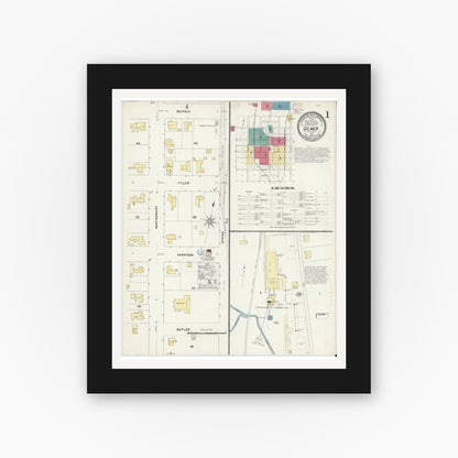Old map wall art mockup — black gallery frame with white mat — Sanborn Fire Insurance Map from Gilmer, Upshur County, Texas (1907), Sheet #0001