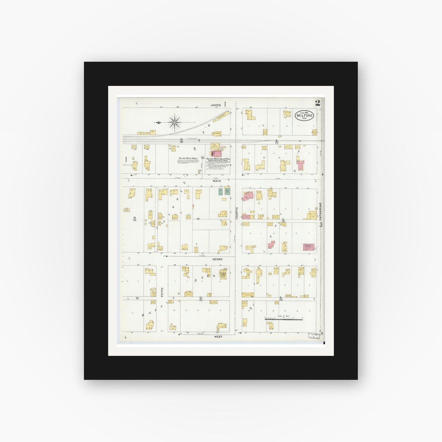 Old map wall art mockup — black gallery frame with white mat — Sanborn Fire Insurance Map from Milford, Kosciusko County, Indiana (1905), Sheet #0002