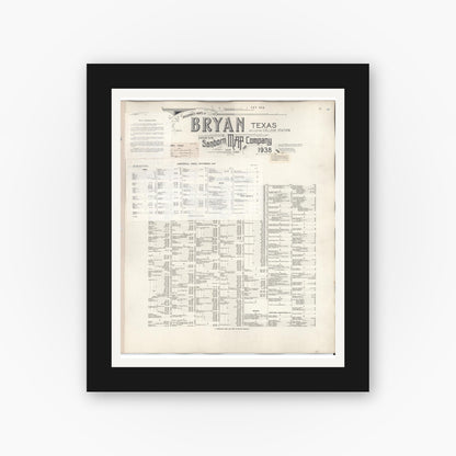 Old map wall art mockup — black gallery frame with white mat — Sanborn Fire Insurance Map from Bryan, Brazos County, Texas (1950), Sheet #0001