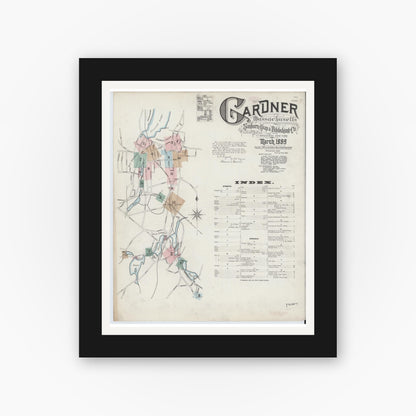 Old map wall art mockup — black gallery frame with white mat — Sanborn Fire Insurance Map from Gardner, Worcester County, Massachusetts (1889), Sheet #0001