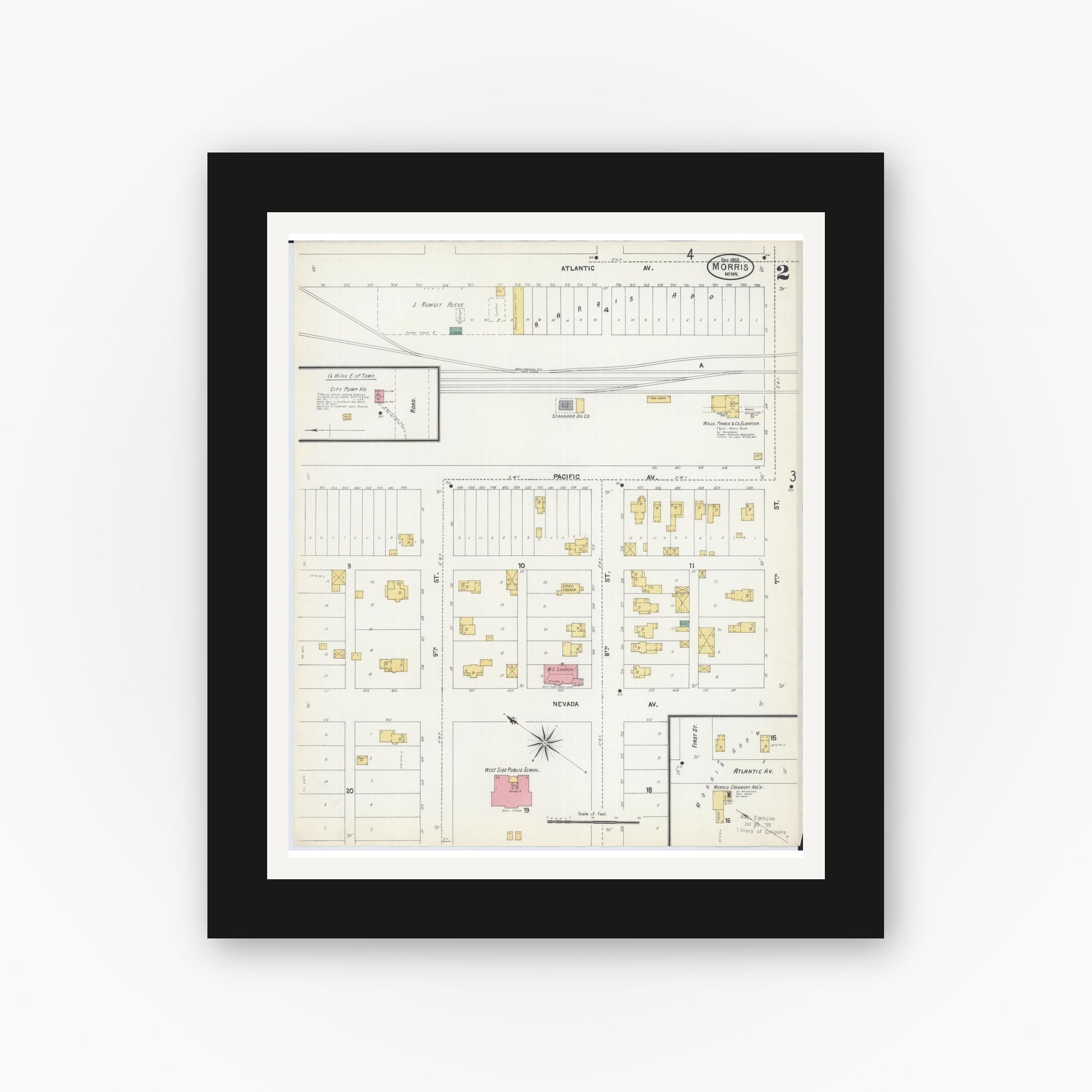 Old map wall art mockup — black gallery frame with white mat — Sanborn Fire Insurance Map from Morris, Stevens County, Minnesota (1902), Sheet #0002