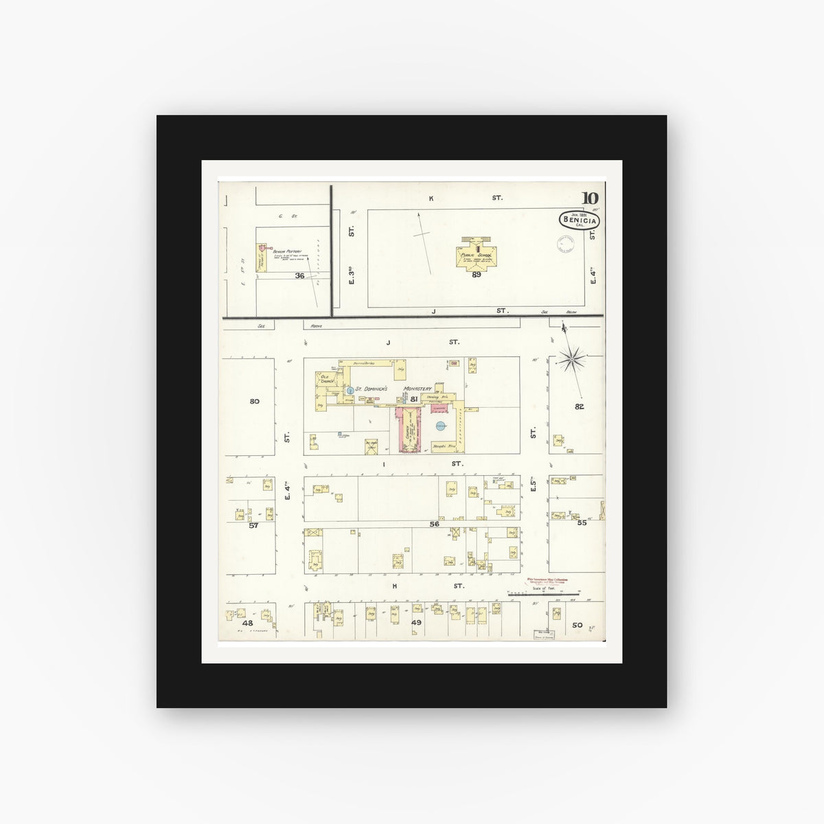 Old map wall art mockup — black gallery frame with white mat — Sanborn Fire Insurance Map from Benicia, Solano County, California (1891), Sheet #0010