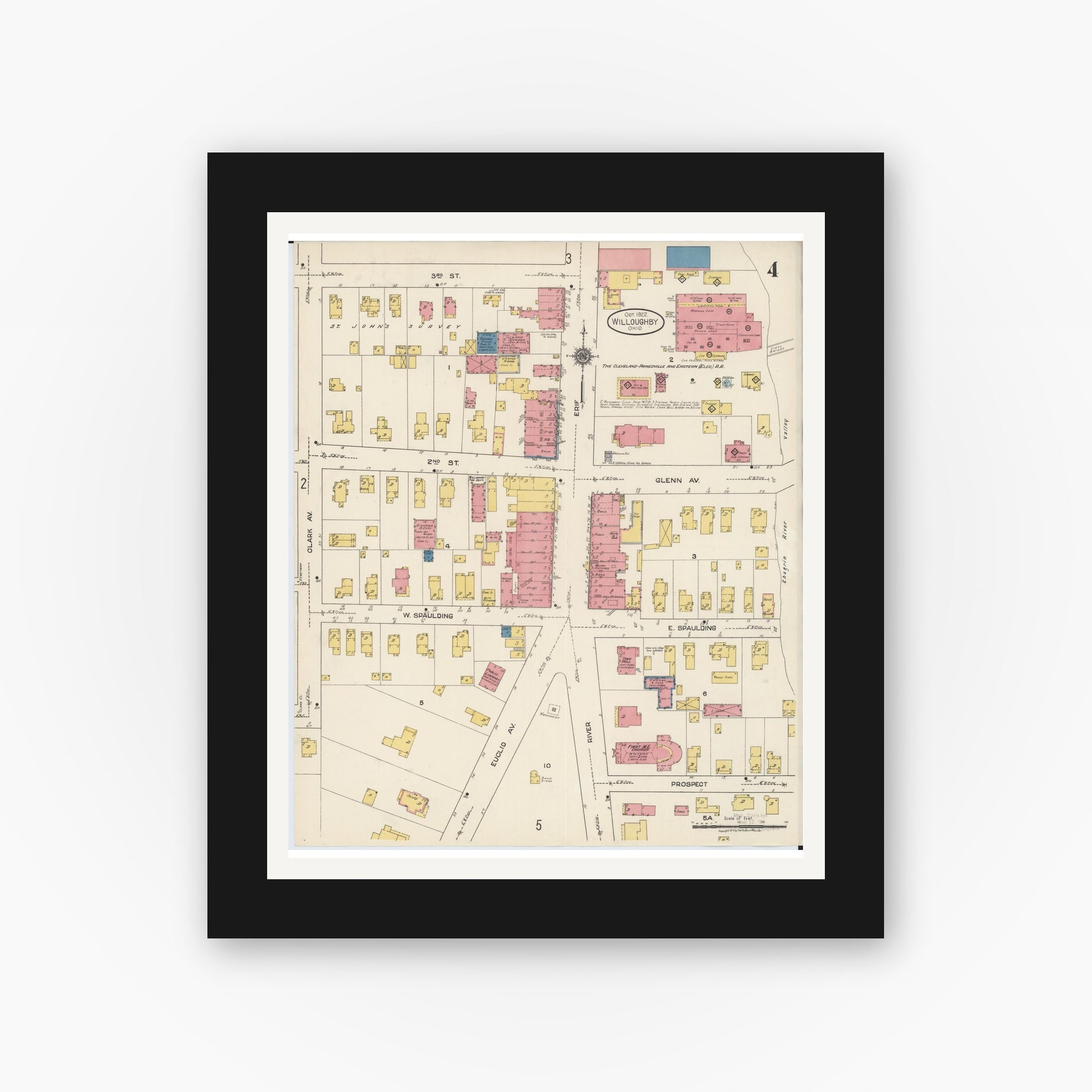 Old map wall art mockup — black gallery frame with white mat — Sanborn Fire Insurance Map from Willoughby, Lake County, Ohio (1922), Sheet #0004