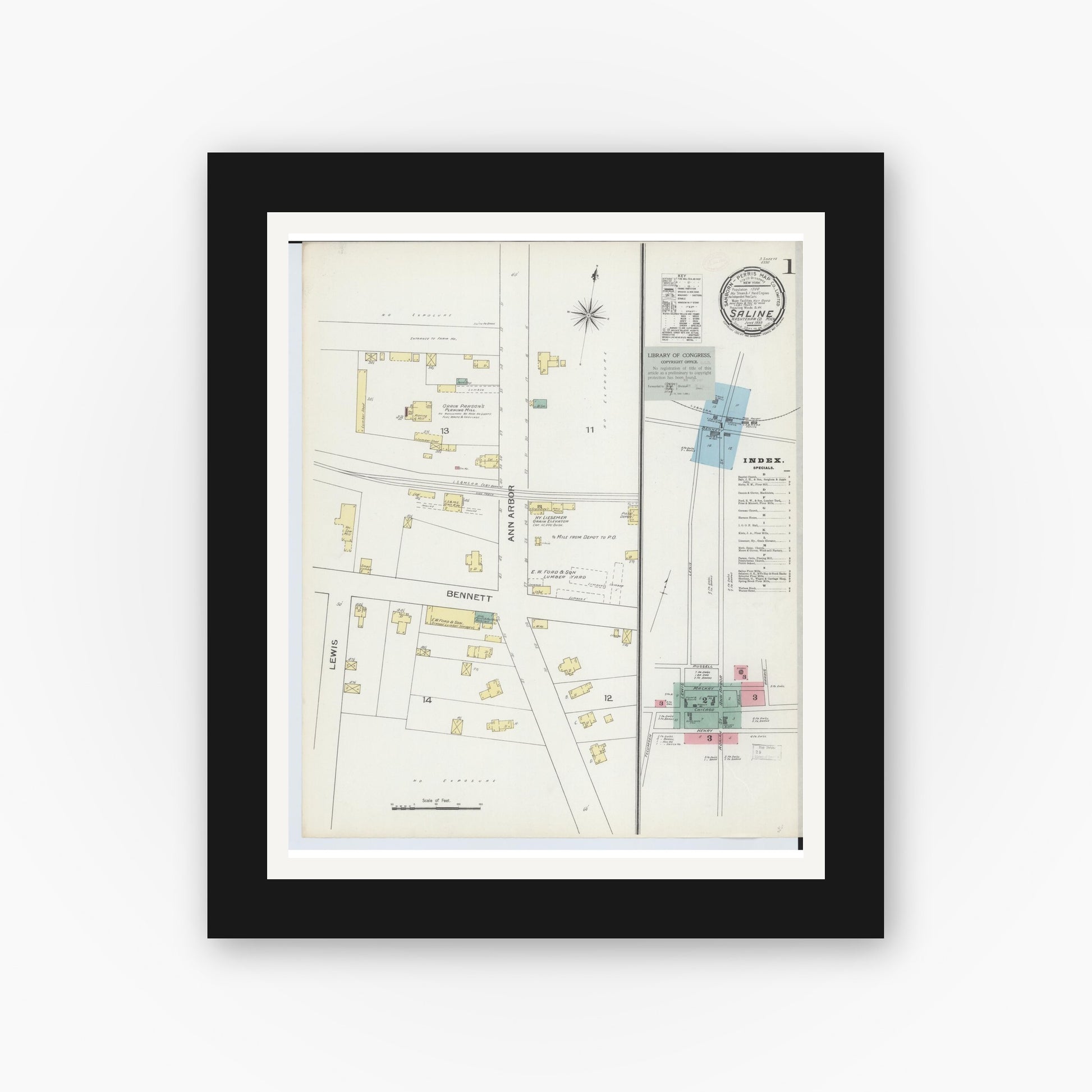 Old map wall art mockup — black gallery frame with white mat — Sanborn Fire Insurance Map from Saline, Washtenaw County, Michigan (1893) - Complete Map Set