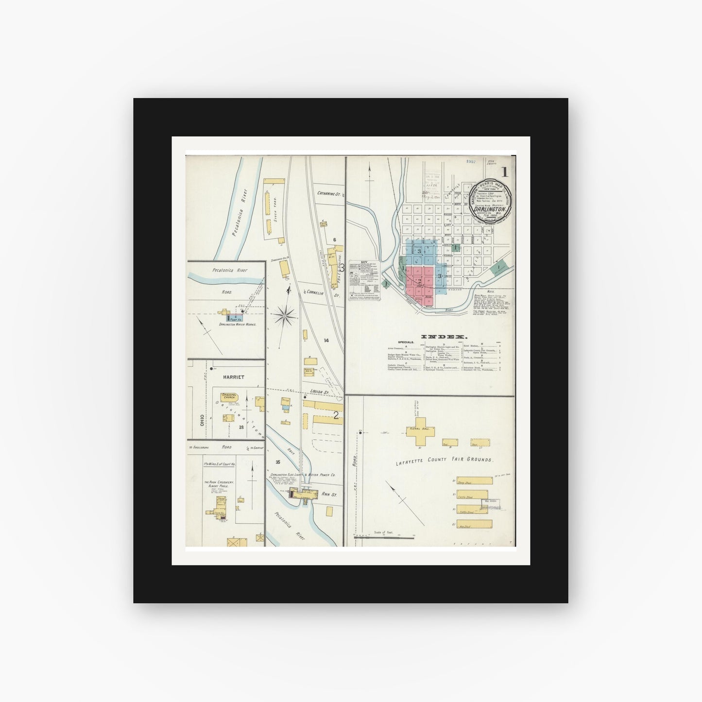 Old map wall art mockup — black gallery frame with white mat — Sanborn Fire Insurance Map from Darlington, Lafayette County, Wisconsin (1900) - Complete Map Set