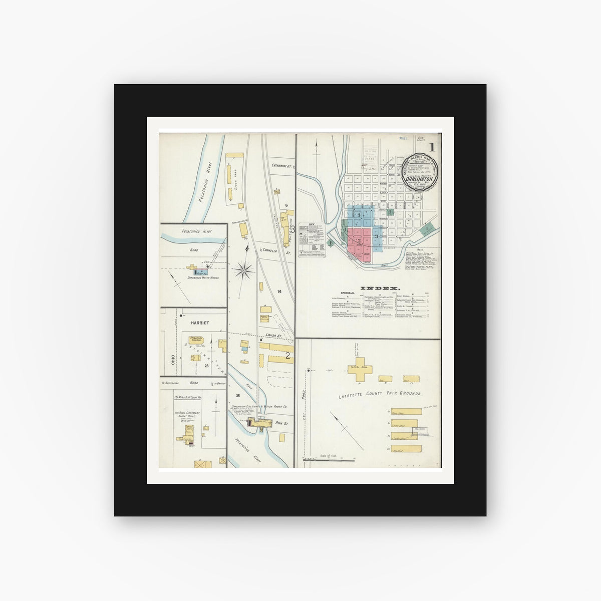 Old map wall art mockup — black gallery frame with white mat — Sanborn Fire Insurance Map from Darlington, Lafayette County, Wisconsin (1900) - Complete Map Set