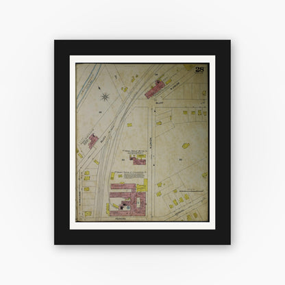 Old map wall art mockup — black gallery frame with white mat — Sanborn Fire Insurance Map from Akron, Summit County, Ohio (1892), Sheet #0028