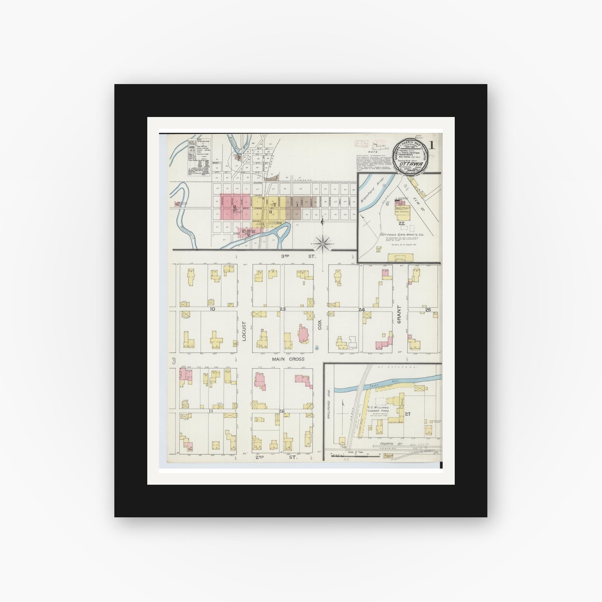 Old map wall art mockup — black gallery frame with white mat — Sanborn Fire Insurance Map from Ottawa, Putnam County, Ohio (1893), Sheet #0001