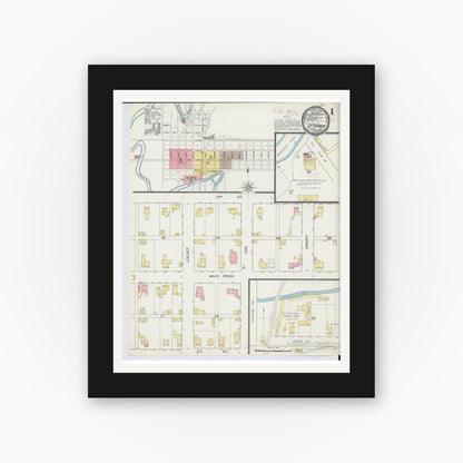 Old map wall art mockup — black gallery frame with white mat — Sanborn Fire Insurance Map from Ottawa, Putnam County, Ohio (1893), Sheet #0001