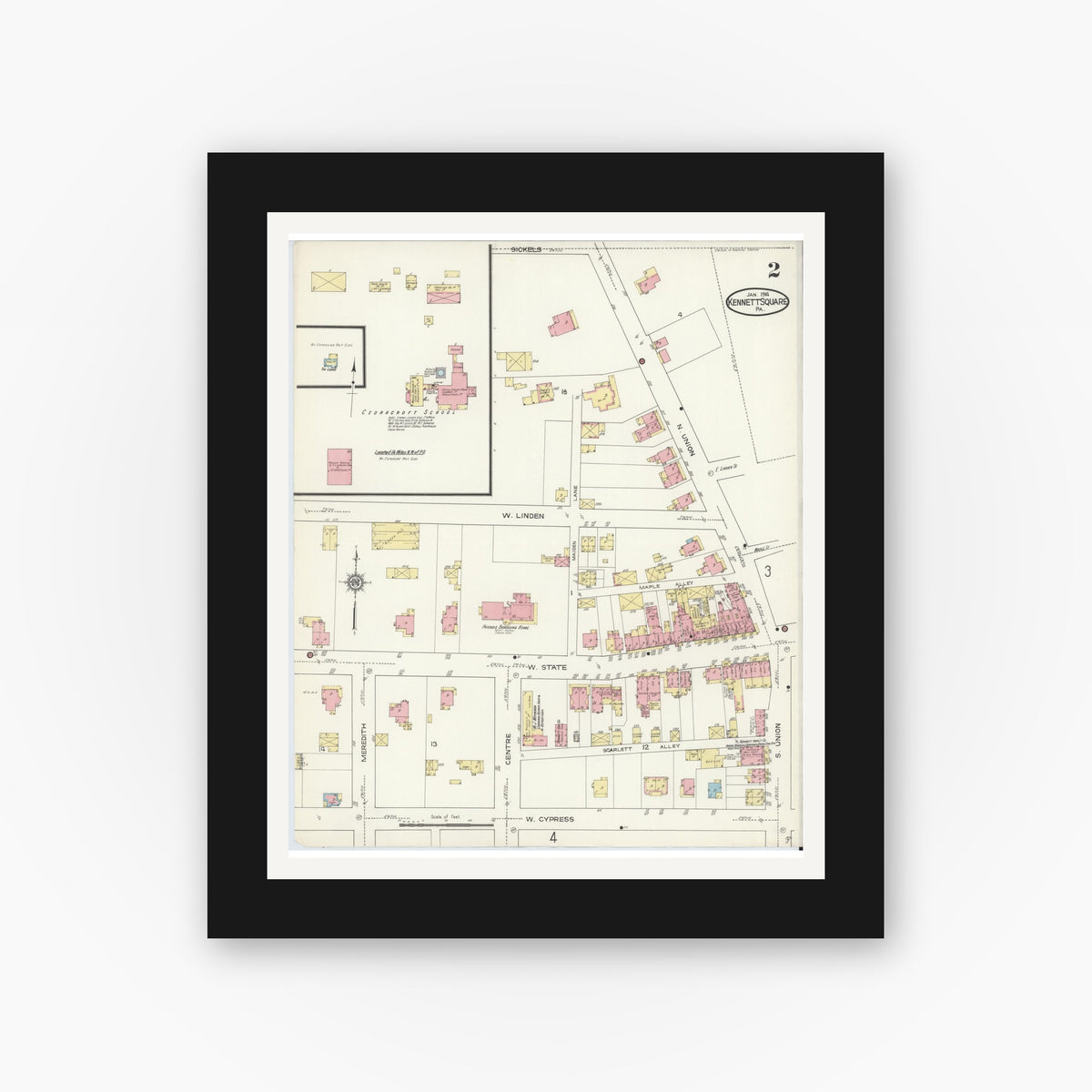Old map wall art mockup — black gallery frame with white mat — Sanborn Fire Insurance Map from Kennett Square, Chester County, Pennsylvania (1914), Sheet #0002