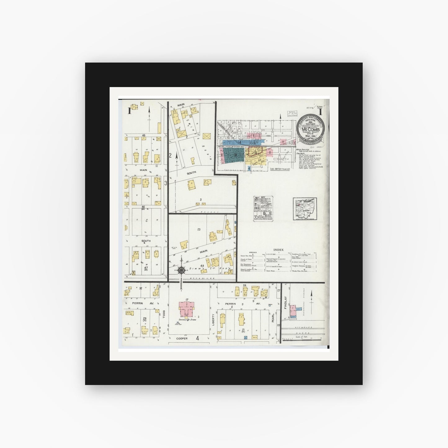 Old map wall art mockup — black gallery frame with white mat — Sanborn Fire Insurance Map from McComb, Hancock County, Ohio (1924) - Complete Map Set