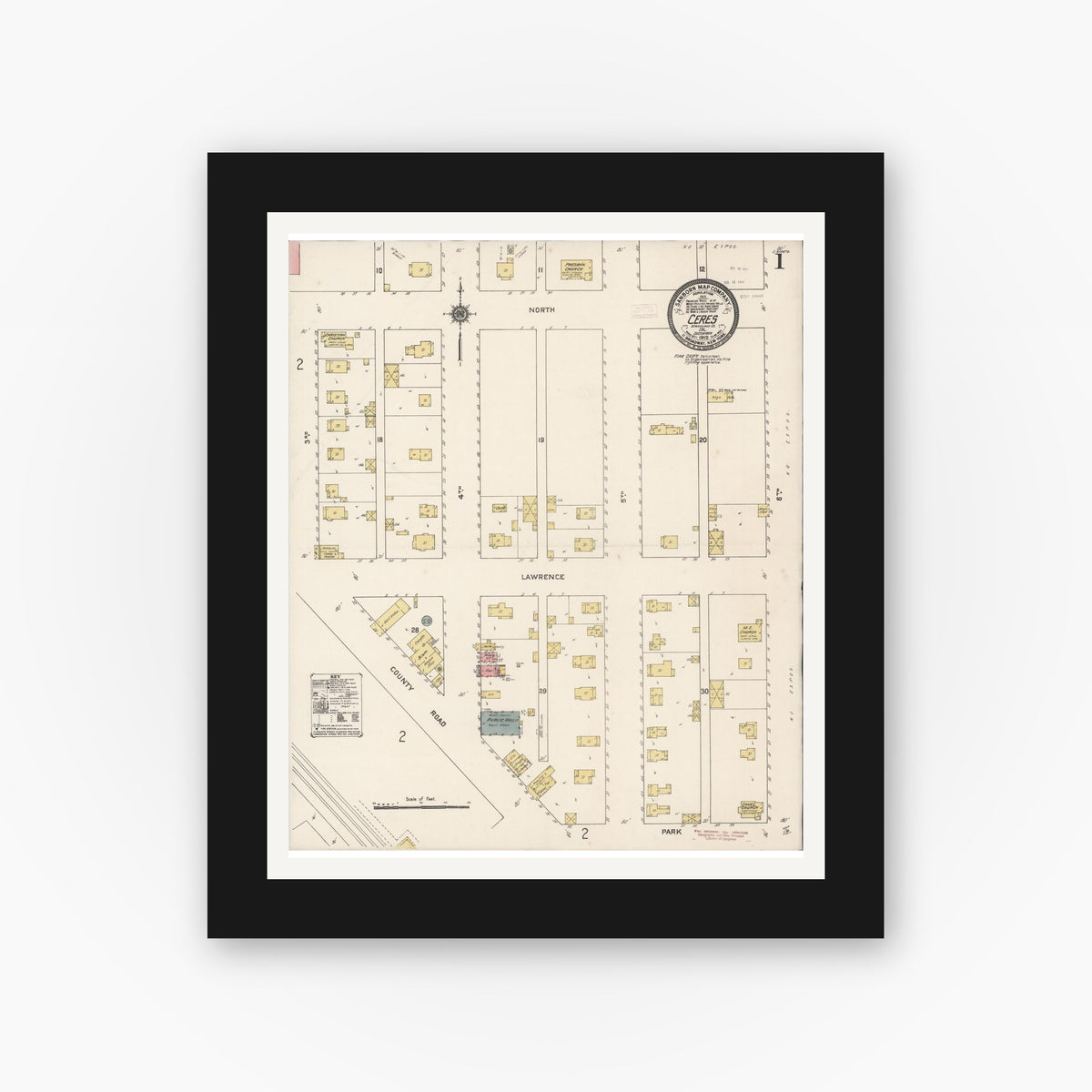 Old map wall art mockup — black gallery frame with white mat — Sanborn Fire Insurance Map from Ceres, Stanislaus County, California (1910) - Complete Map Set