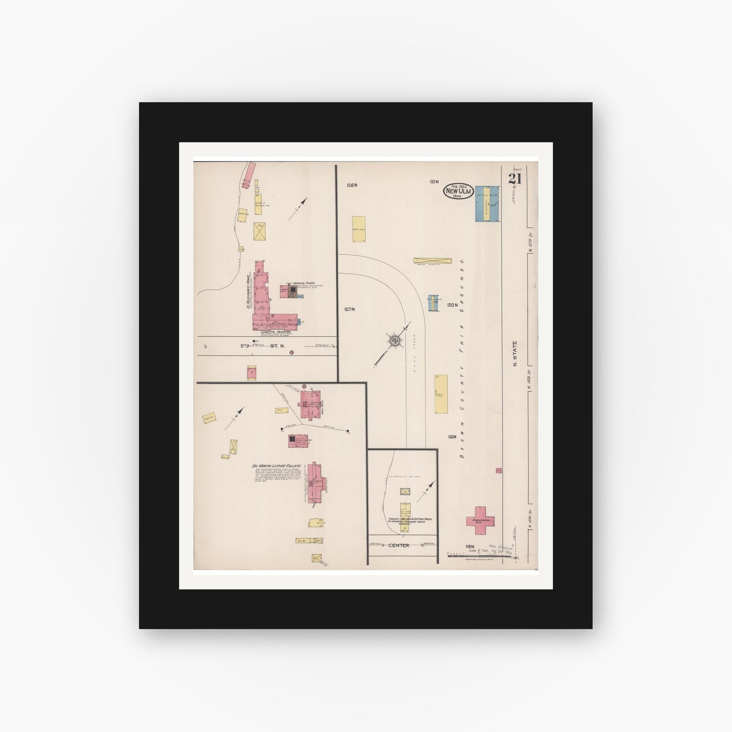Old map wall art mockup — black gallery frame with white mat — Sanborn Fire Insurance Map from New Ulm, Brown County, Minnesota (1922), Sheet #0021