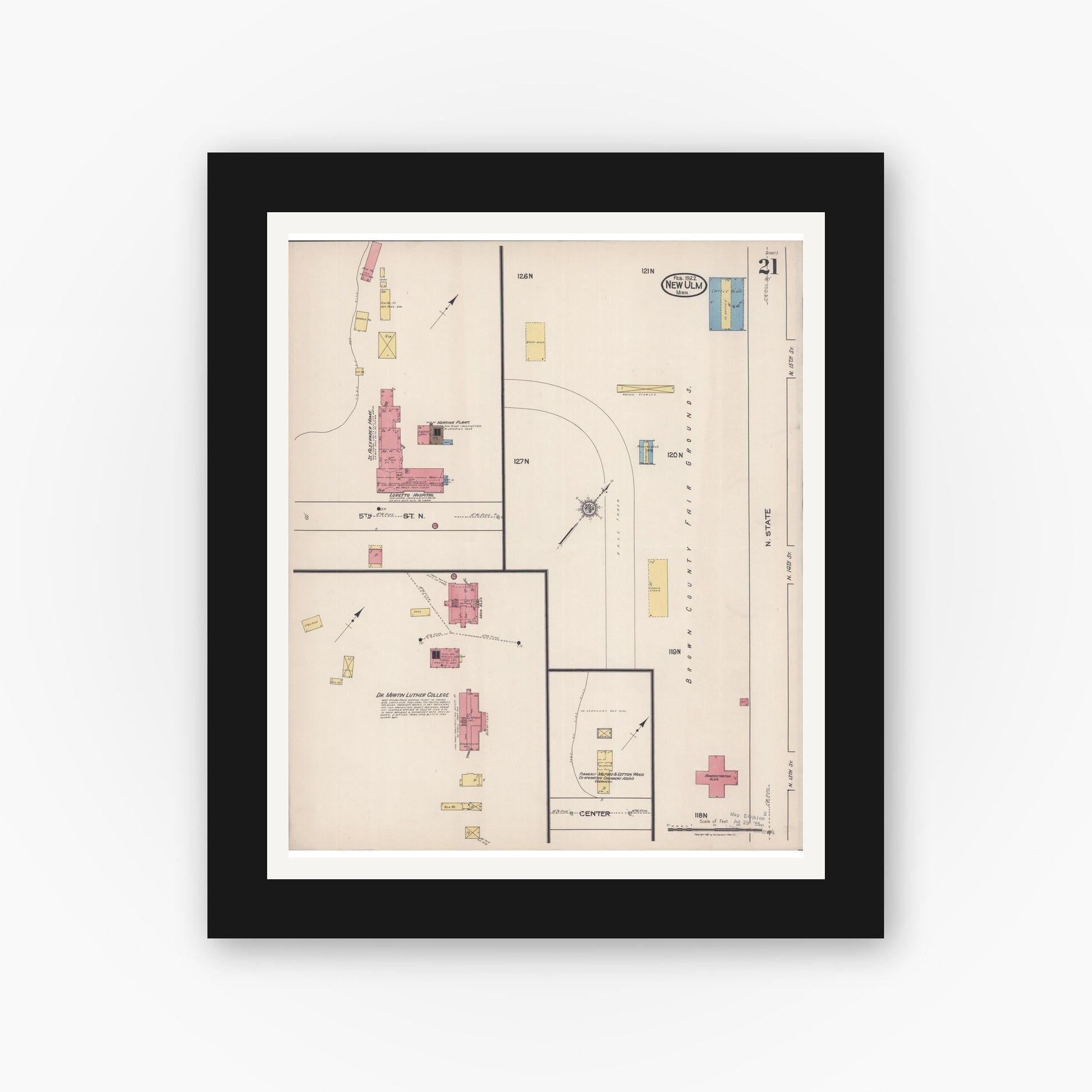 Old map wall art mockup — black gallery frame with white mat — Sanborn Fire Insurance Map from New Ulm, Brown County, Minnesota (1922), Sheet #0021