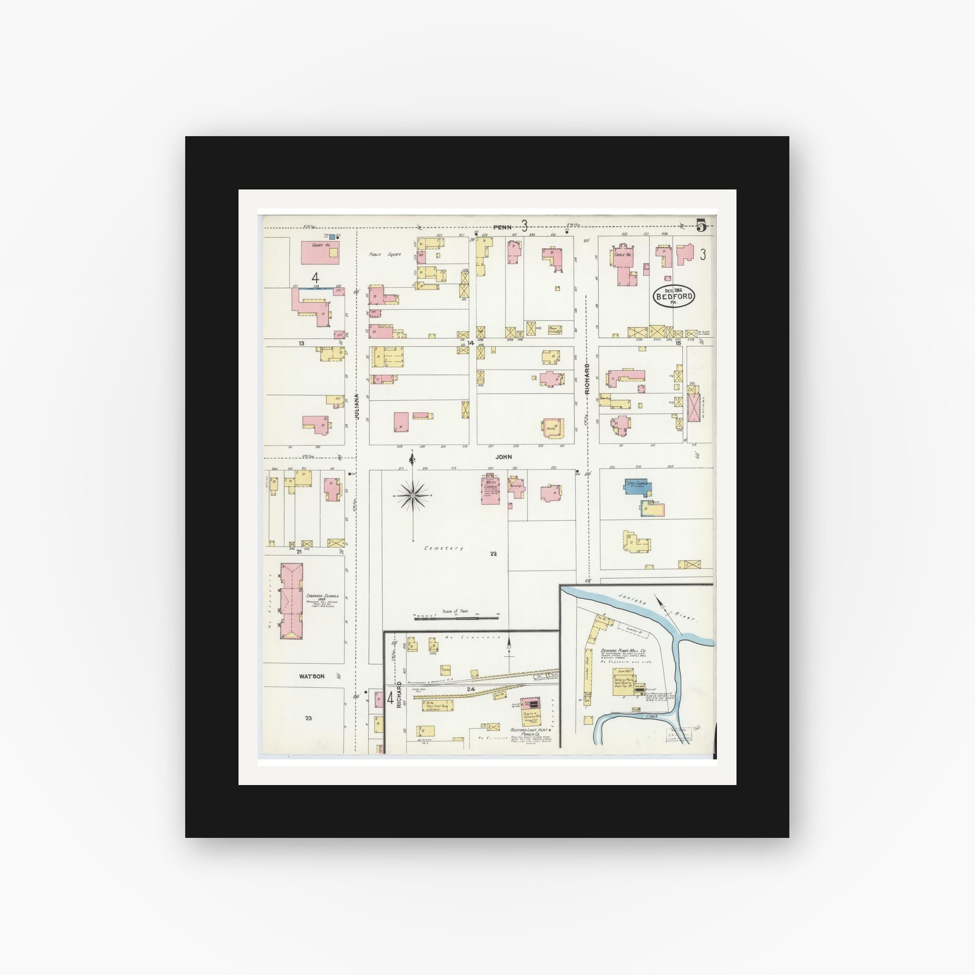 Old map wall art mockup — black gallery frame with white mat — Sanborn Fire Insurance Map from Bedford, Bedford County, Pennsylvania (1906), Sheet #0005