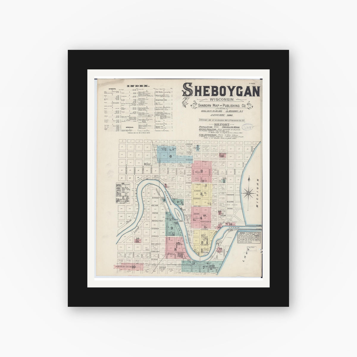 Old map wall art mockup — black gallery frame with white mat — Sanborn Fire Insurance Map from Sheboygan, Sheboygan County, Wisconsin (1884), Sheet #0001