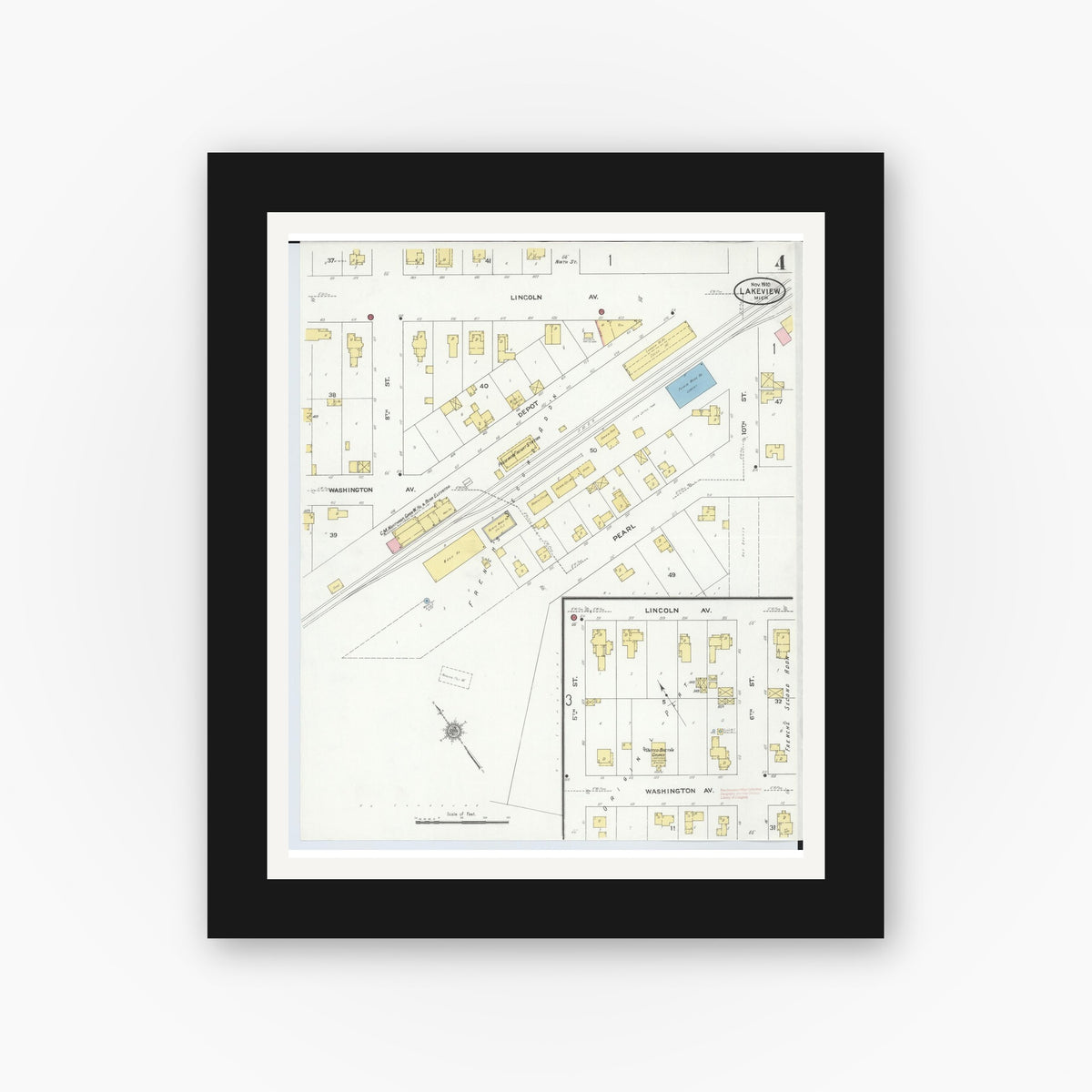Old map wall art mockup — black gallery frame with white mat — Sanborn Fire Insurance Map from Lakeview, Montcalm County, Michigan (1910), Sheet #0004