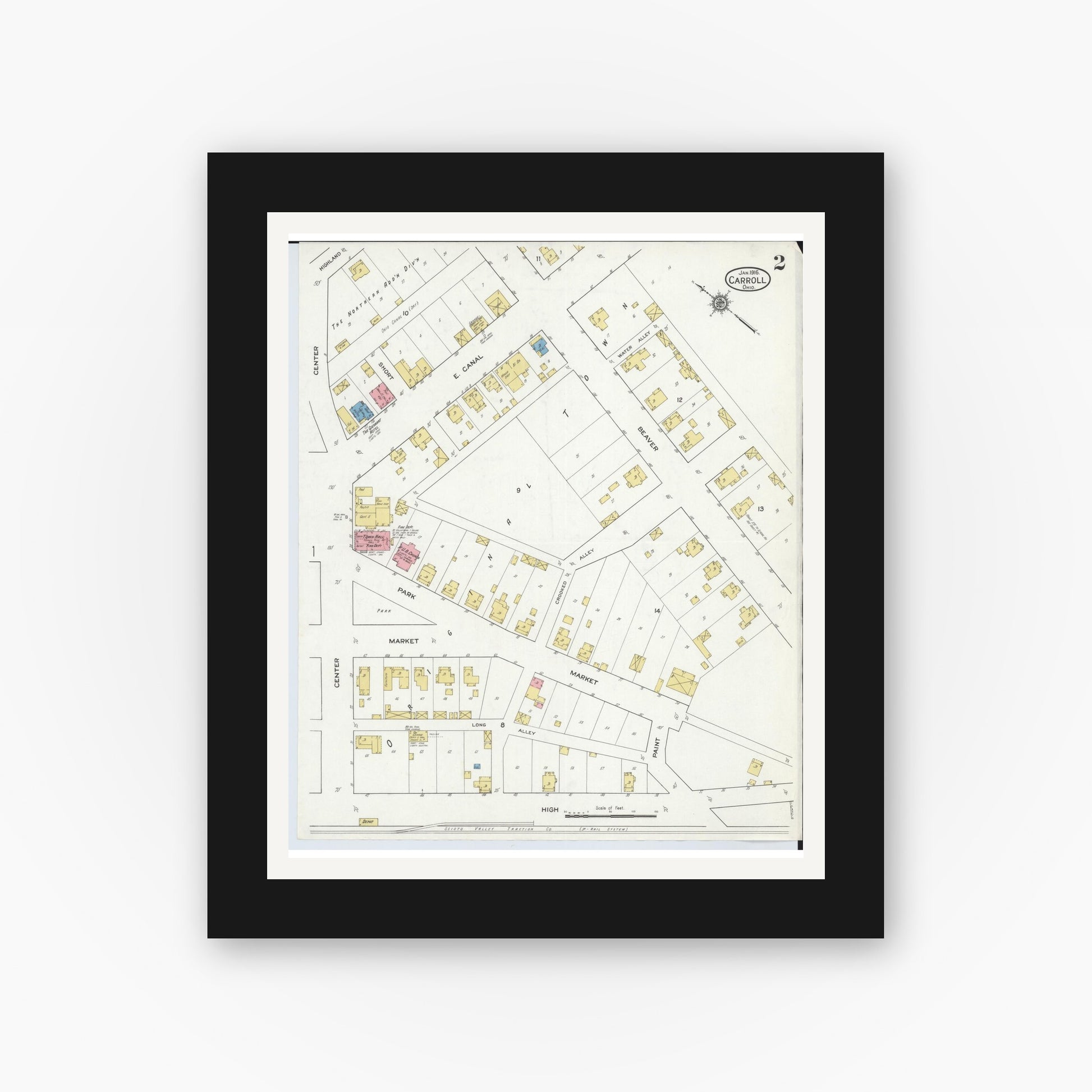 Old map wall art mockup — black gallery frame with white mat — Sanborn Fire Insurance Map from Carroll, Fairfield County, Ohio (1916), Sheet #0002