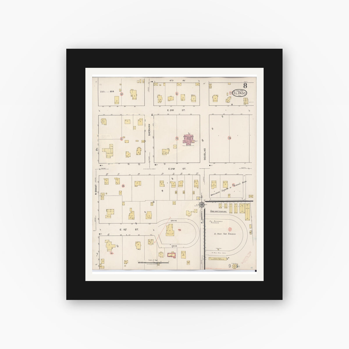 Old map wall art mockup — black gallery frame with white mat — Sanborn Fire Insurance Map from El Paso, Woodford County, Illinois (1941), Sheet #0008