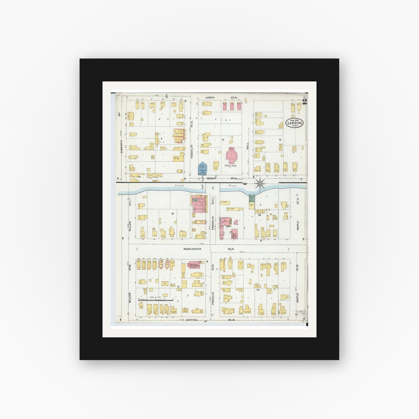 Old map wall art mockup — black gallery frame with white mat — Sanborn Fire Insurance Map from Lansing, Ingham County, Michigan (1906), Sheet #0002