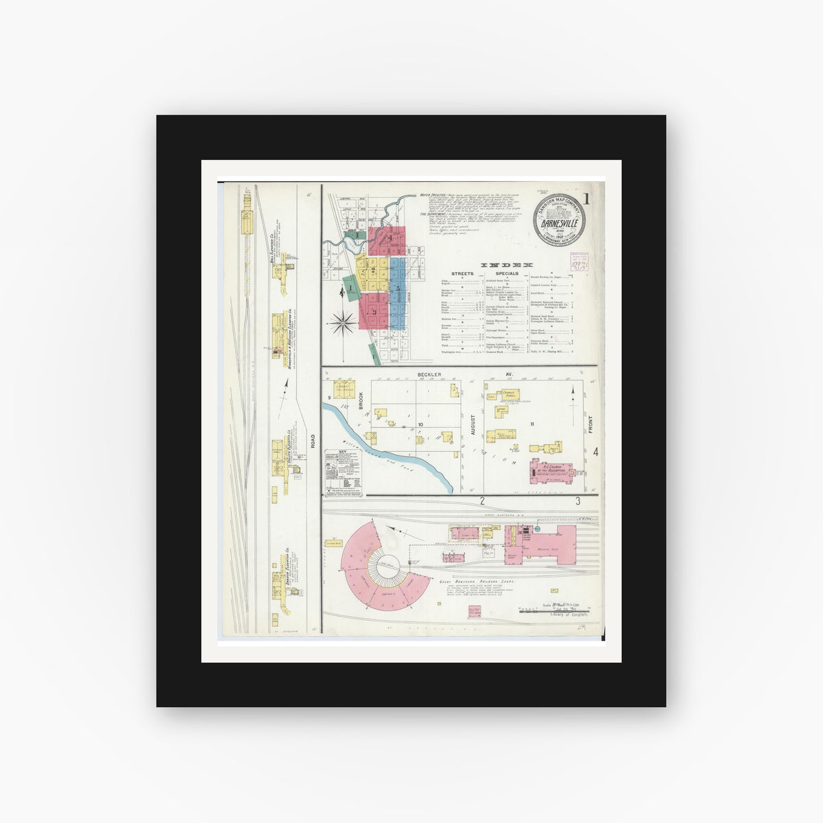 Old map wall art mockup — black gallery frame with white mat — Sanborn Fire Insurance Map from Barnesville, Clay County, Minnesota (1907) - Complete Map Set