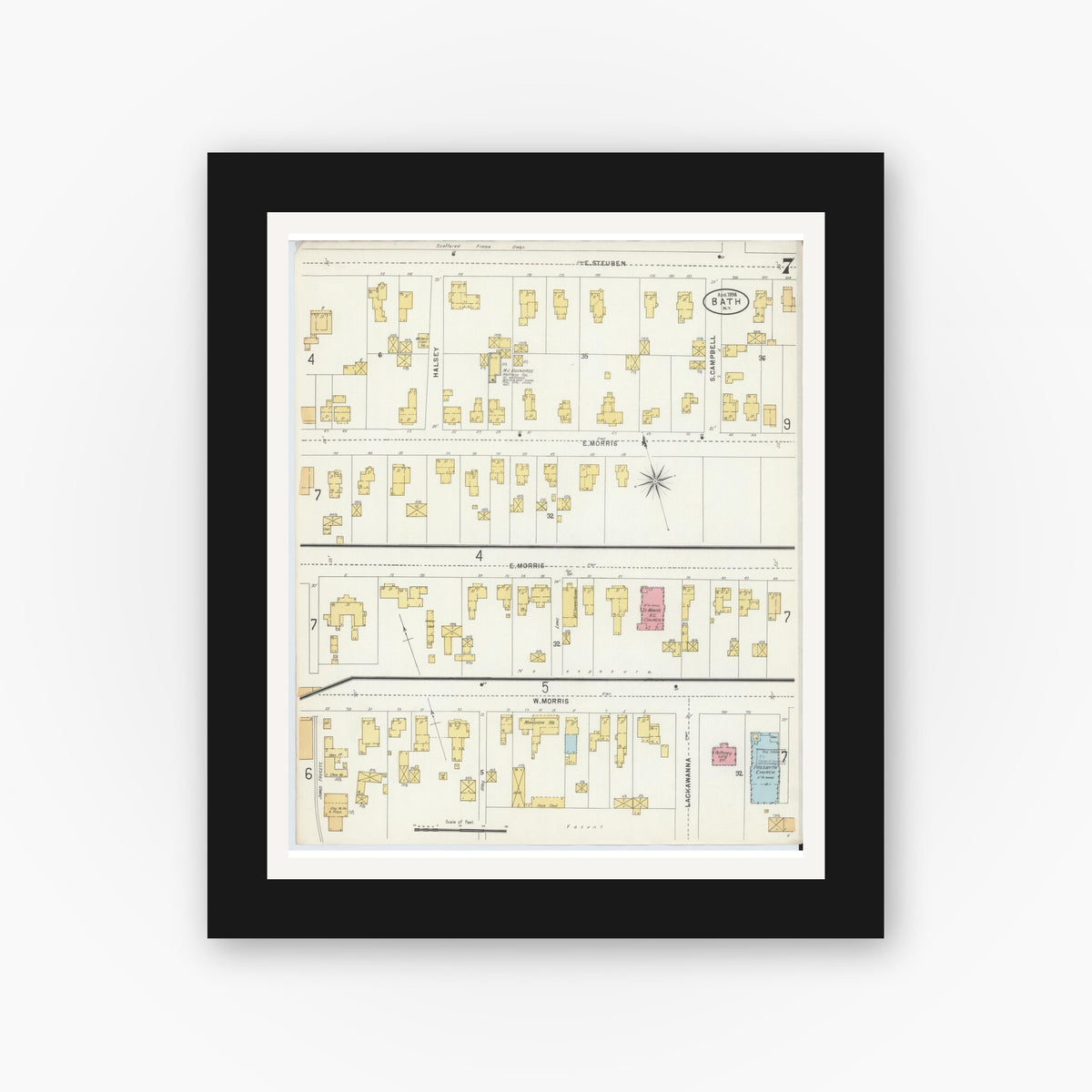Old map wall art mockup — black gallery frame with white mat — Sanborn Fire Insurance Map from Bath, Steuben County, New York (1898), Sheet #0007