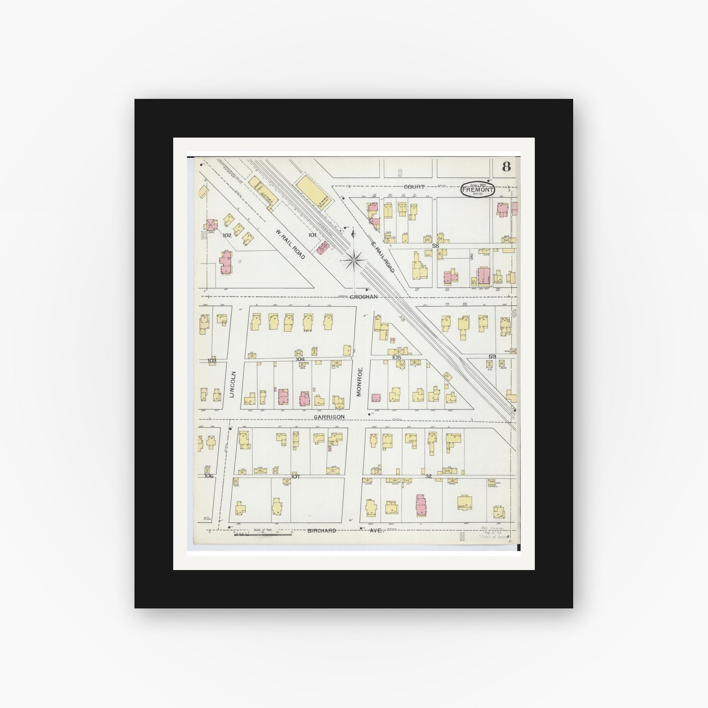 Old map wall art mockup — black gallery frame with white mat — Sanborn Fire Insurance Map from Fremont, Sandusky County, Ohio (1893), Sheet #0008