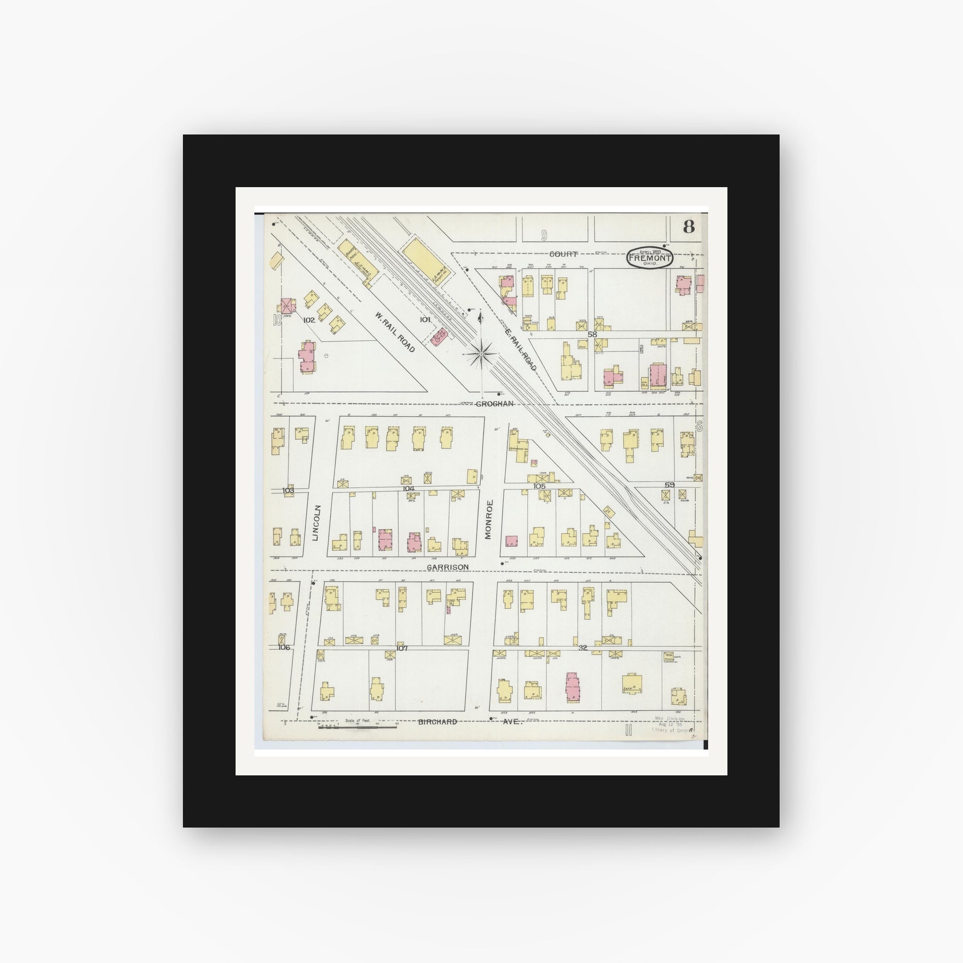 Old map wall art mockup — black gallery frame with white mat — Sanborn Fire Insurance Map from Fremont, Sandusky County, Ohio (1893), Sheet #0008