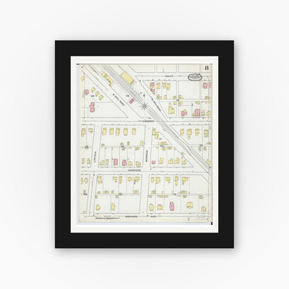 Old map wall art mockup — black gallery frame with white mat — Sanborn Fire Insurance Map from Fremont, Sandusky County, Ohio (1893), Sheet #0008