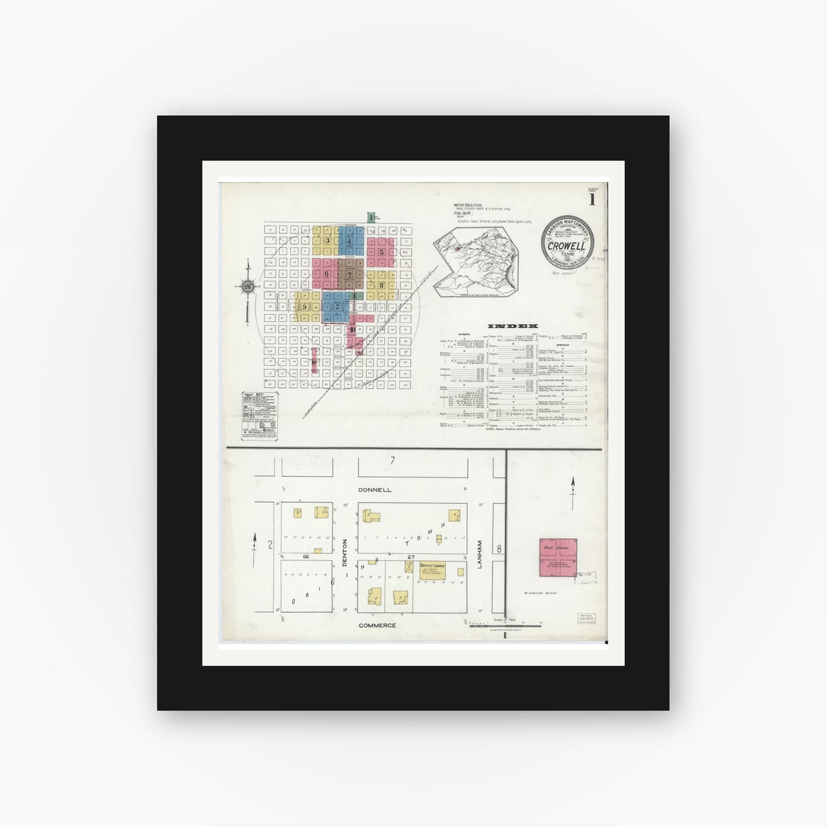Old map wall art mockup — black gallery frame with white mat — Sanborn Fire Insurance Map from Crowell, Foard County, Texas (1921), Sheet #0001