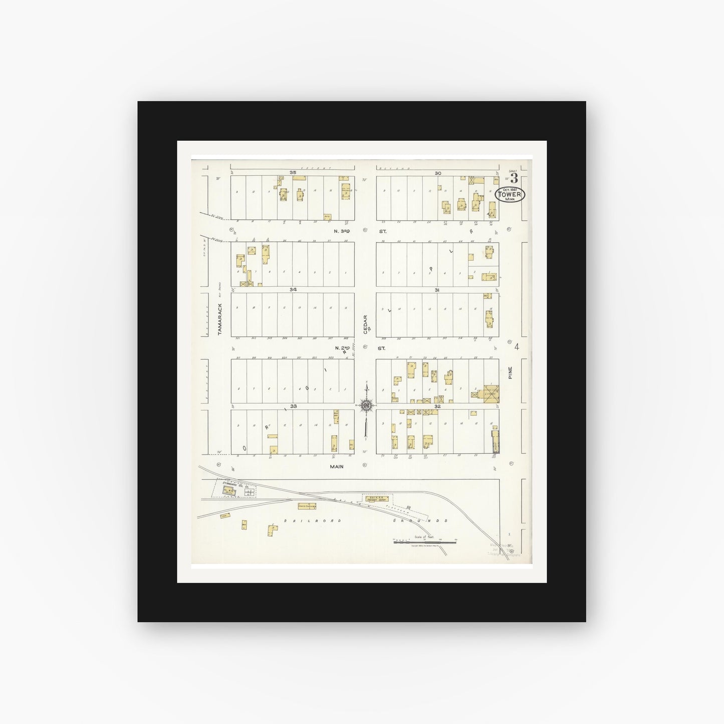 Old map wall art mockup — black gallery frame with white mat — Sanborn Fire Insurance Map from Tower, Saint Louis County, Minnesota (1921), Sheet #0003