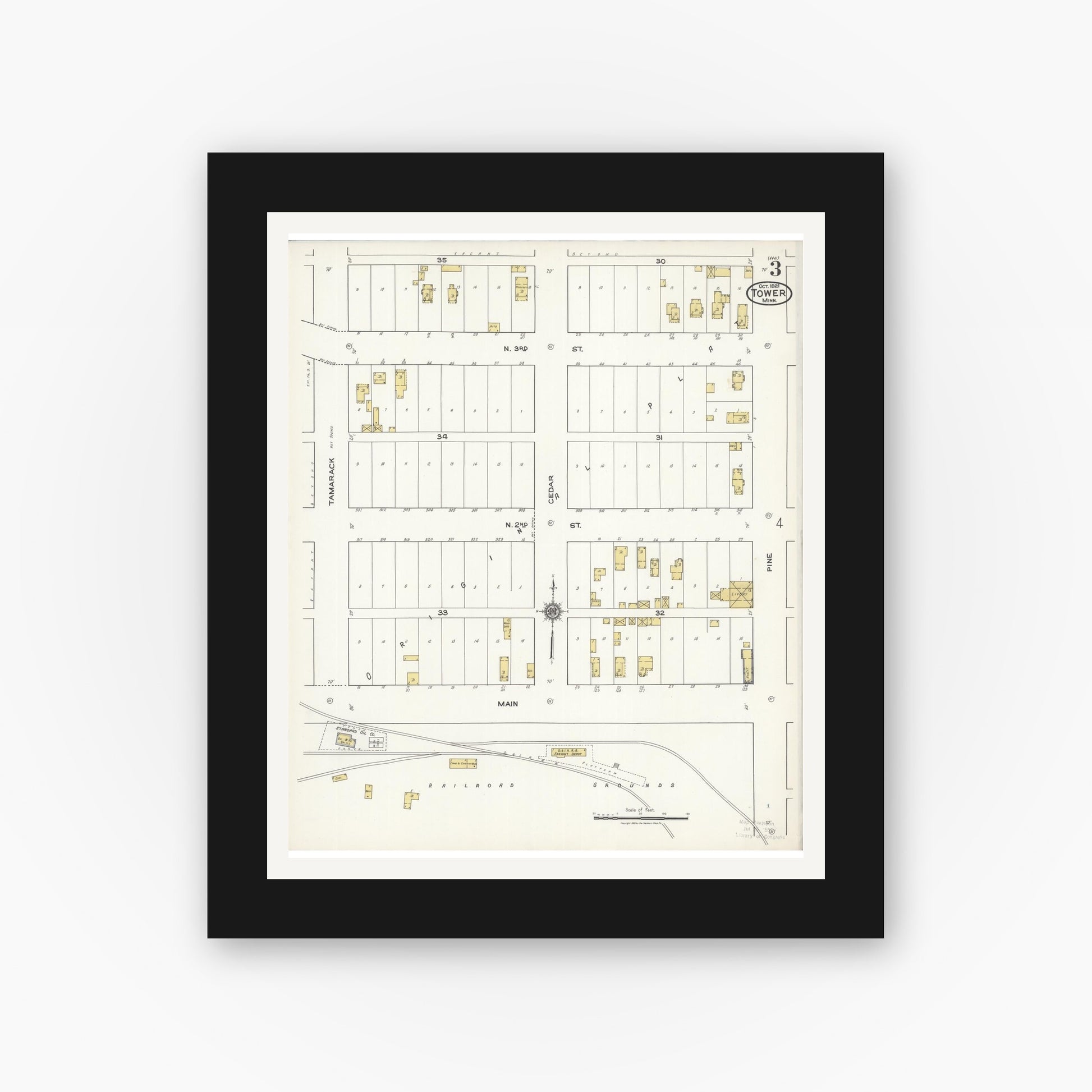Old map wall art mockup — black gallery frame with white mat — Sanborn Fire Insurance Map from Tower, Saint Louis County, Minnesota (1921), Sheet #0003