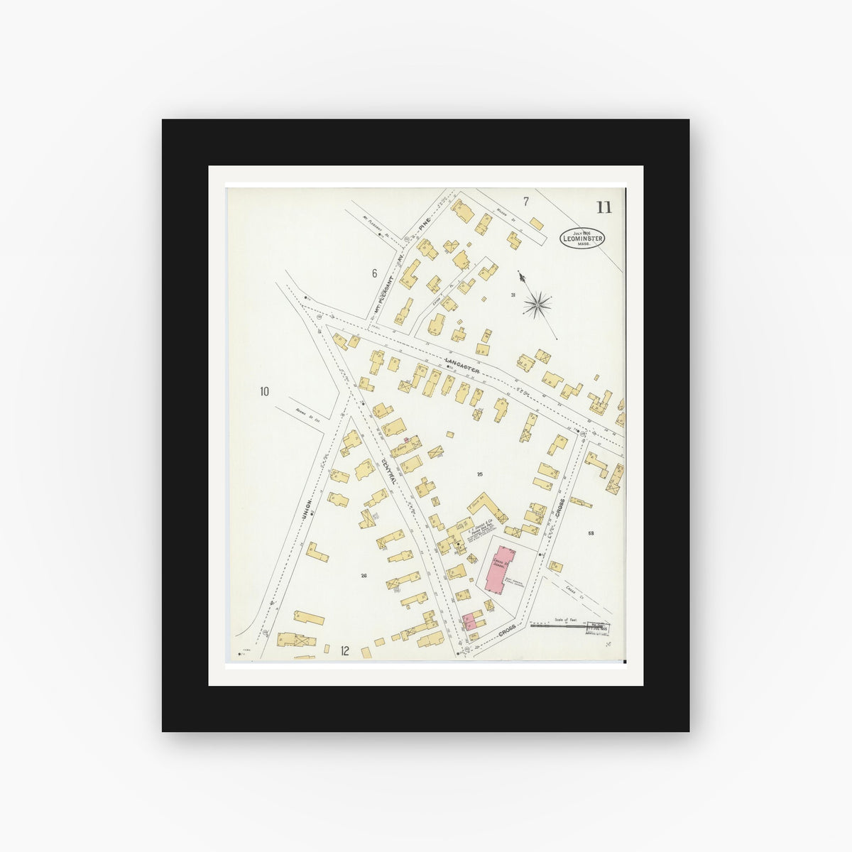 Old map wall art mockup — black gallery frame with white mat — Sanborn Fire Insurance Map from Leominster, Worcester County, Massachusetts (1906), Sheet #0011