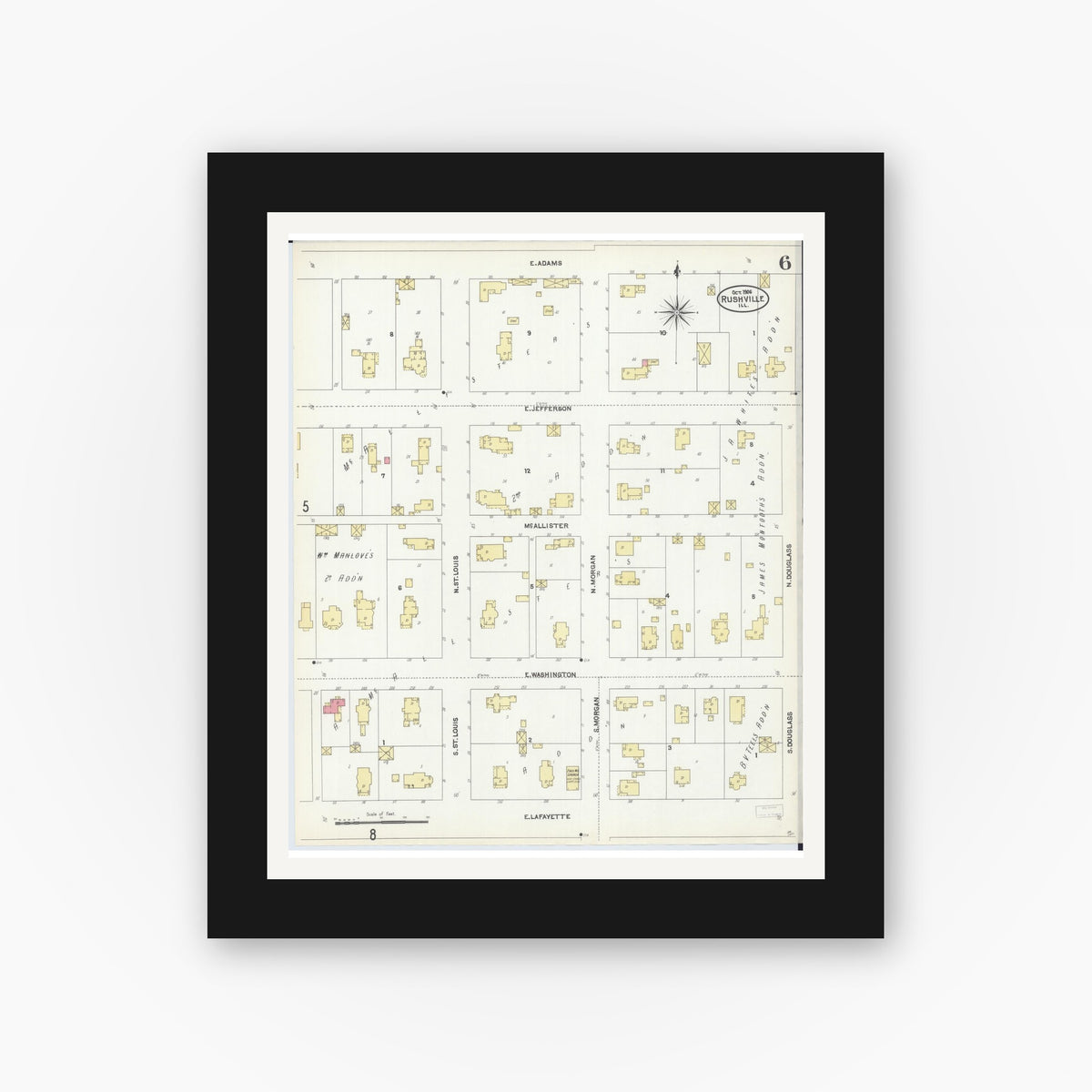 Old map wall art mockup — black gallery frame with white mat — Sanborn Fire Insurance Map from Rushville, Schuyler County, Illinois (1906), Sheet #0006